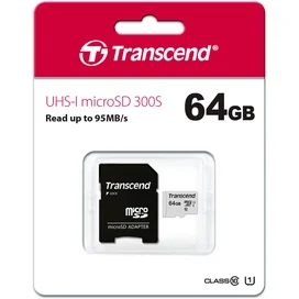Карта памяти MicroSD 64GB Transcend, TLC, UHS-I, U1, до 60MB/s + SD Adapter (TS64GUSD300S-A) фото #2