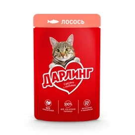 Корм Дарлинг консервированный полнорационный для взрослых кошек с лососем в подливе 75 г фото