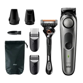 Триммер для бороды и усов Braun BT7320, 4 насадки и бритва Gillette, серебристо-черный фото