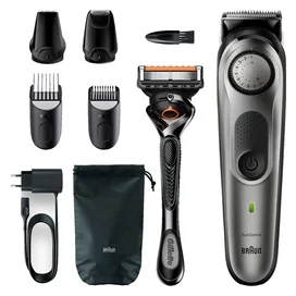 Триммер для бороды и усов Braun BT7320, 4 насадки и бритва Gillette, серебристо-черный фото #1