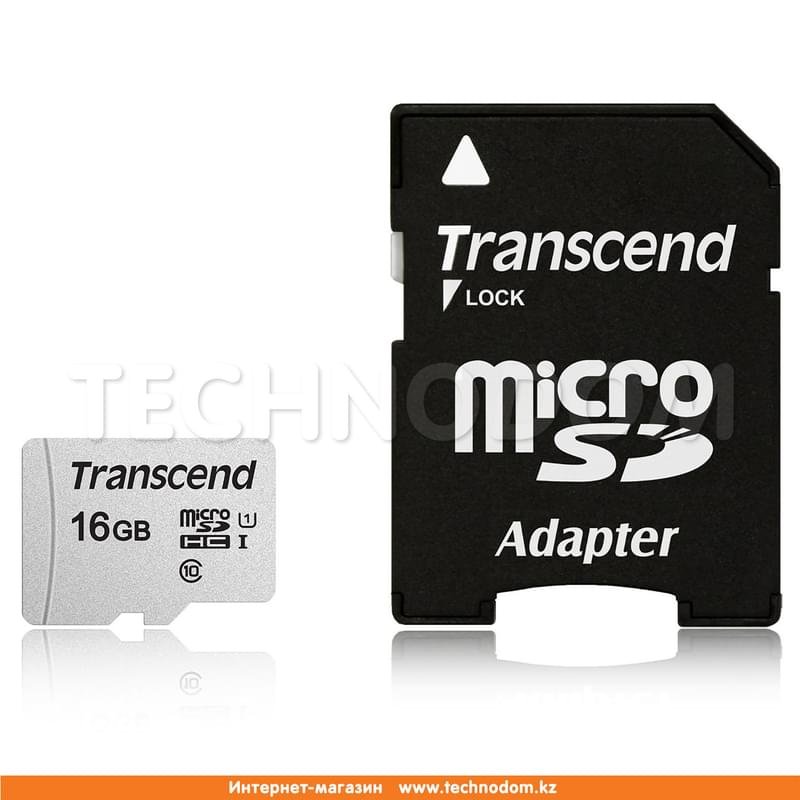 Карта памяти MicroSD 16GB Transcend, TLC, UHS-I, U1, до 60MB/s + SD Adapter (TS16GUSD300S-A) - фото #0
