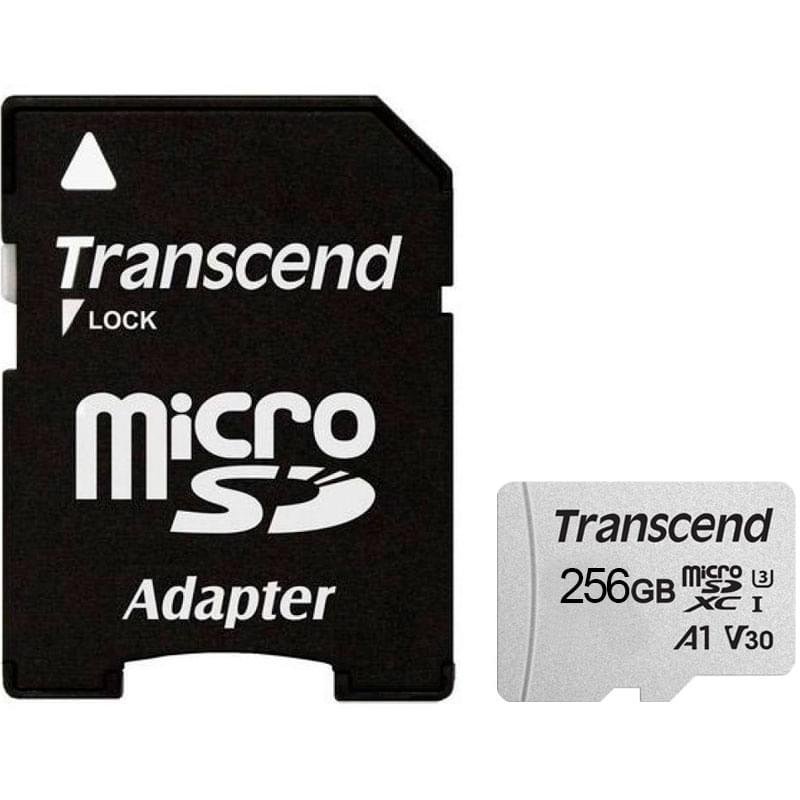 Карта памяти MicroSD 256GB Transcend, TLC, UHS-I, U3, A1, до 95MB/s + SD Adapter (TS256GUSD300S-A) - фото #0