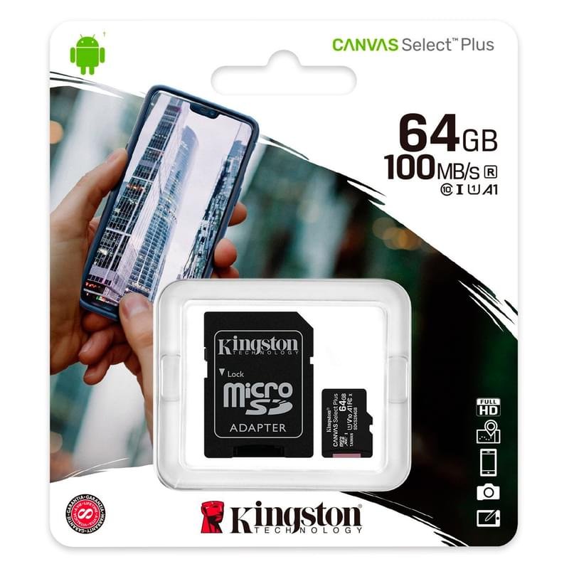 Карта памяти MicroSD 64GB Kingston Canvas Select Plus, UHS-I 100MB/s, Class 10 (SDCS2/64GB) - фото #2