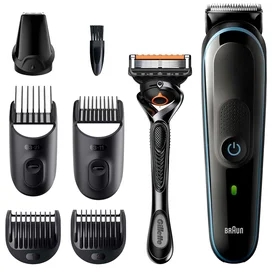 Триммер для бороды, усов и волос Braun MGK5345, 7 в 1, 5 насадок и бритва Gillette, сине-чёрный фото