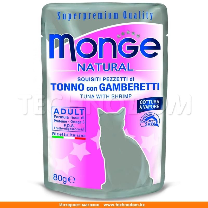 Влажный корм Monge Cat Natural для кошек, кусочки в желе, тунец с креветками 80 г - фото #0