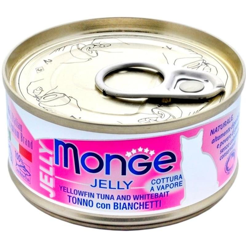Консерва Monge Cat Jelly для кошек, кусочки в желе, желтоперый тунец со снетками 80 г - фото #0