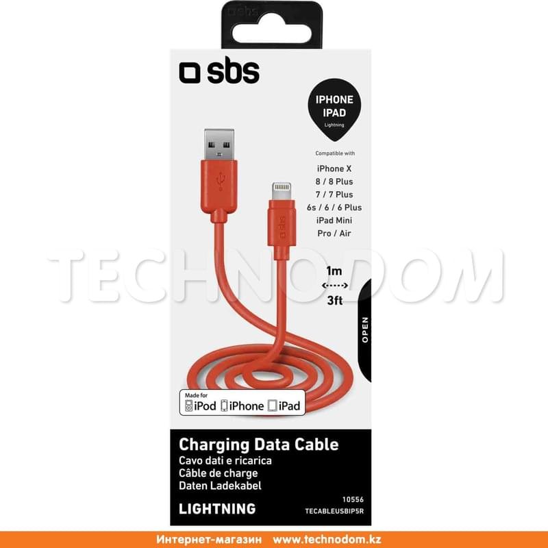 SBS, USB кабелі 2.0 - Lightning, 1м, Қызыл (TECABLEUSBIP5R) - фото #1