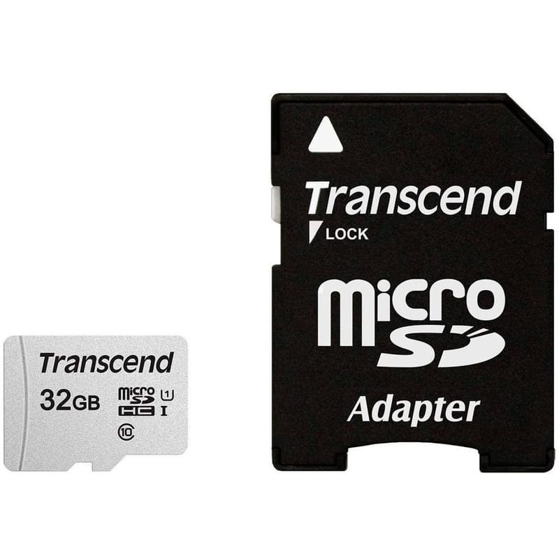 Карта памяти MicroSD 32GB Transcend, TLC, UHS-I, U1, до 60MB/s + SD Adapter (TS32GUSD300S-A) - фото #0