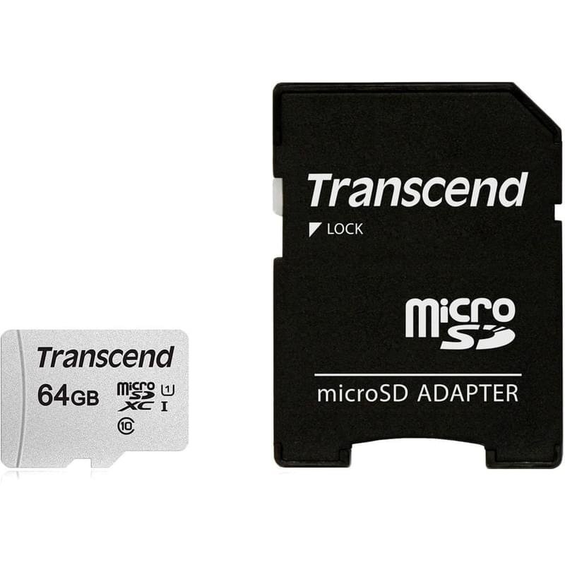 Карта памяти MicroSD 64GB Transcend, TLC, UHS-I, U1, до 60MB/s + SD Adapter (TS64GUSD300S-A) - фото #0