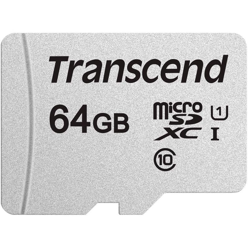 Карта памяти MicroSD 64GB Transcend, TLC, UHS-I, U1, до 60MB/s + SD Adapter (TS64GUSD300S-A) - фото #1