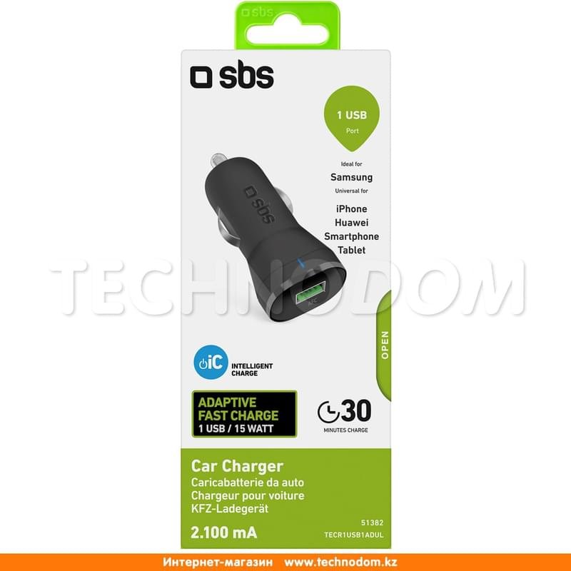 Автомобильное зарядное устройство 1*USB, 2.1A, Fast Charge, SBS, Черный (TECR1USB1ADUL) - фото #0