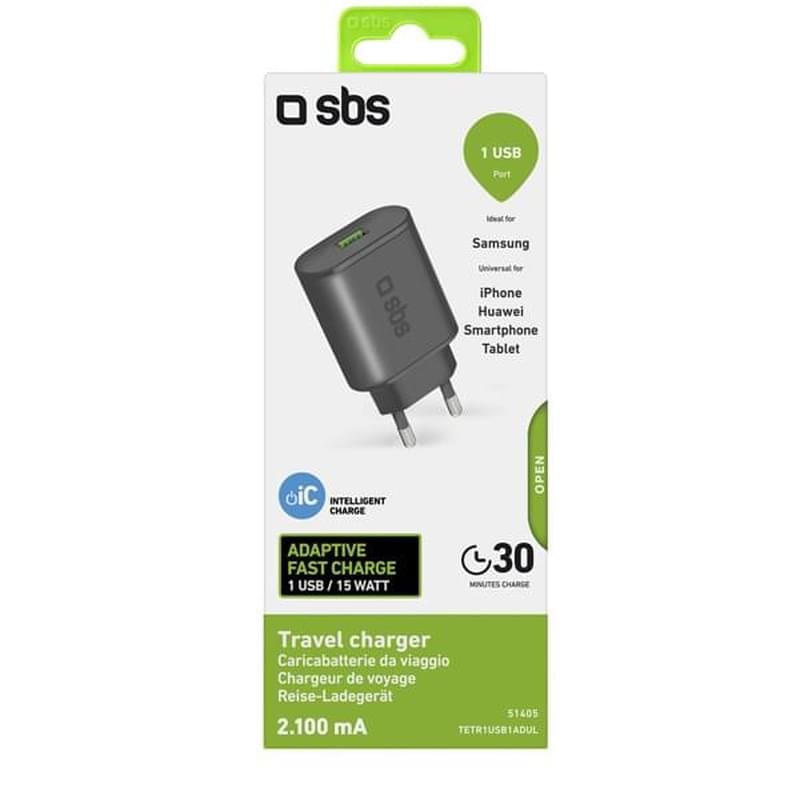 Сетевое зарядное устройство 1*USB, 2.1A, Fast Charge, SBS, Black (TETR1USB1ADUL) - фото #1