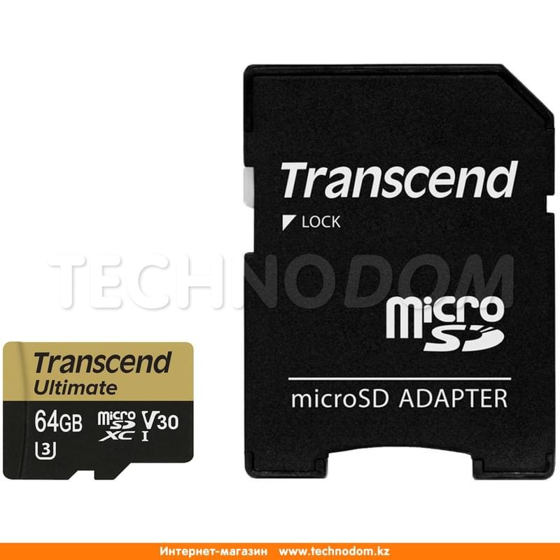 Карта памяти MicroSD 64GB Transcend, MLC, UHS-I, U3, до 60MB/s + SD Adapter (TS64GUSDU3M) - фото #0