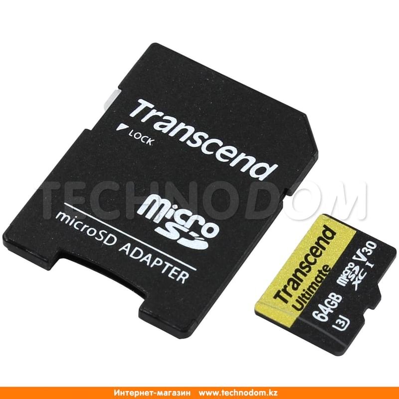 Карта памяти MicroSD 64GB Transcend, MLC, UHS-I, U3, до 60MB/s + SD Adapter (TS64GUSDU3M) - фото #1