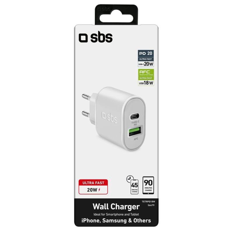 Сетевое зарядное устройство 1*USB 2.1A, 1*USB Type-C 18Вт (Power Delivery), SBS, White (TETRPD18W) - фото #0