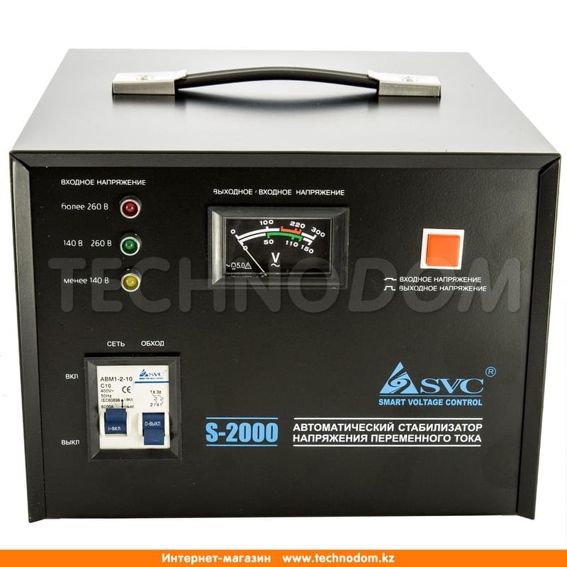 Стабилизатор SVC, 2000VA/1600W, AVR:140-260В, Клем.К, LED, Чистая синусоида, 1,5м Black (S-2000) - фото #0