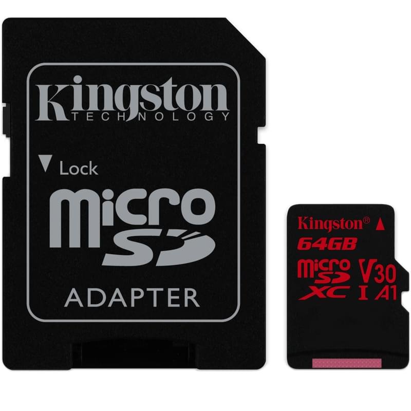 Карта памяти MicroSD 64GB Kingston Class 10 U3 A1, 80MB/s + SD Adapter (SDCR/64GB) - фото #0