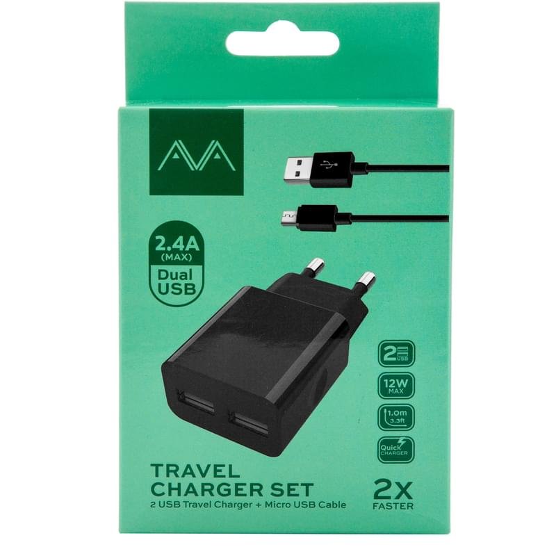 Сетевое зарядное устройство 2*USB, 2.4A + каб. MicroUSB, AVA, Черный (AV-CHT002M) - фото #3