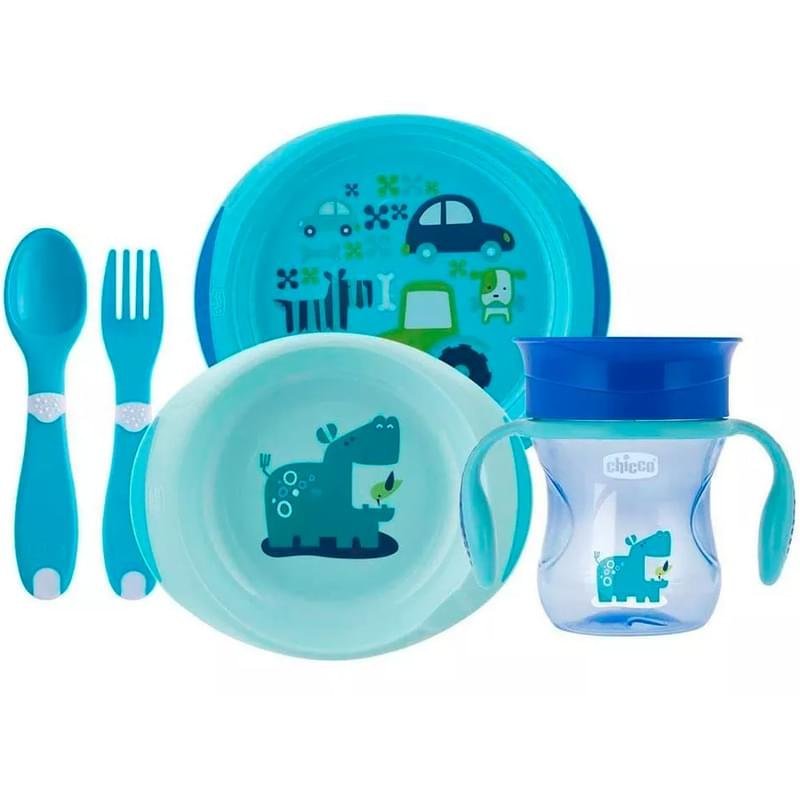 Chicco Набор детской посуды (2тарелки, ложка, вилка, поильник) 12м+, голубой - фото #0