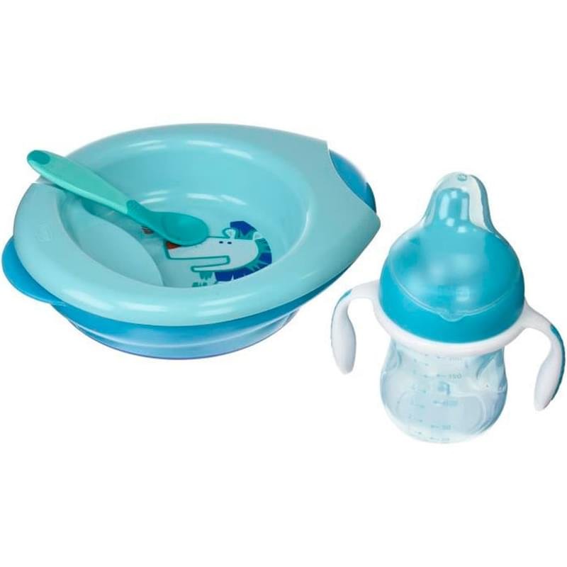 Chicco Набор детской посуды (тарелка, ложка, поильник) 6м+, голубой - фото #0