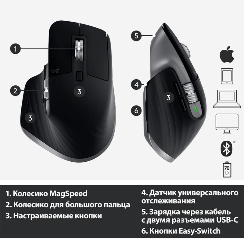 Мышка беспроводная USB/BT Logitech MX Master 3 Mac, Space Grey - фото #7