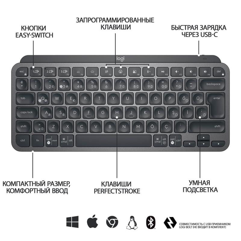 Клавиатура беспроводная USB/BT Logitech MX Keys Mini, Graphite (920-010501) - фото #5