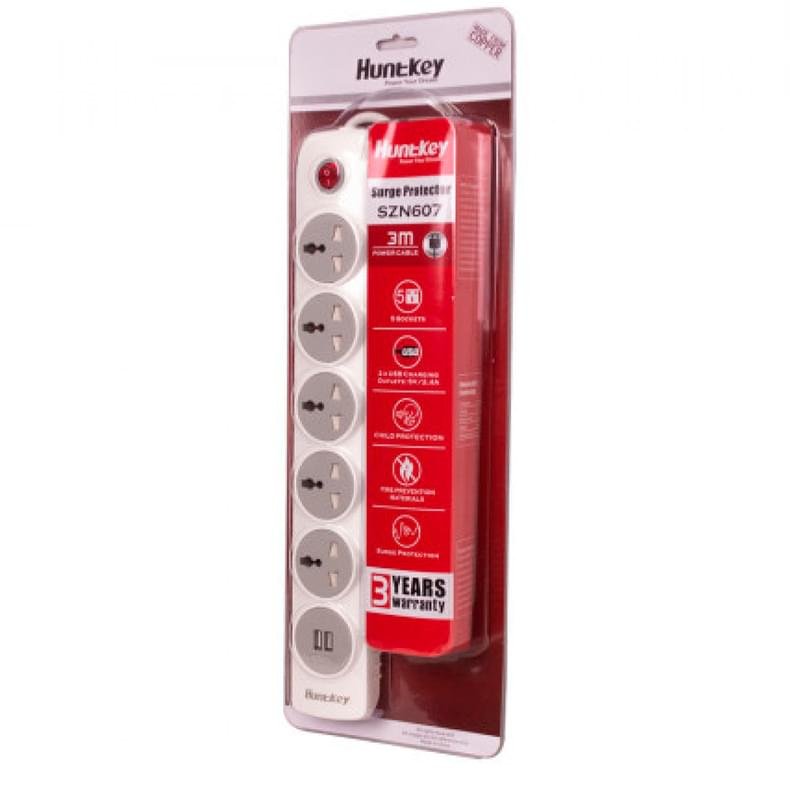 Сетевой фильтр HuntKey SZN607, 5 роз, 2*USB, 3 м, White - фото #2