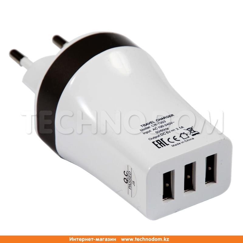 Сетевое зарядное устройство 3*USB, 3.1A, gTEC, Черный (CR-T003) - фото #0