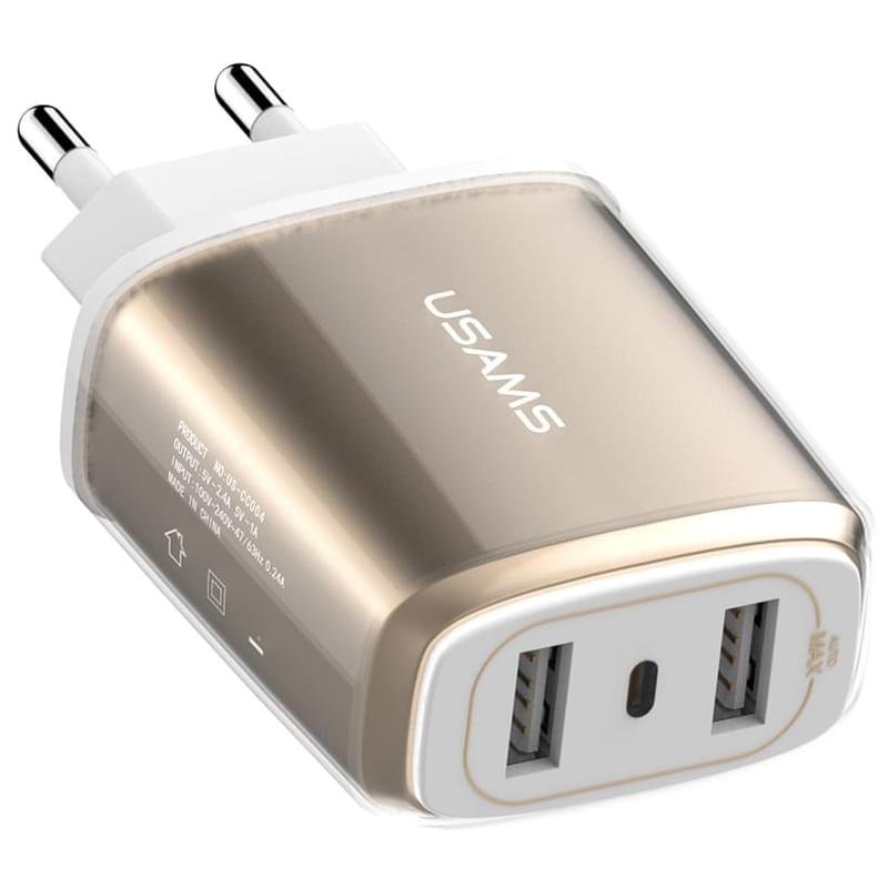Сетевое зарядное устройство 2*USB, 3.4A, USAMS, Золотой (OGTC02) - фото #0