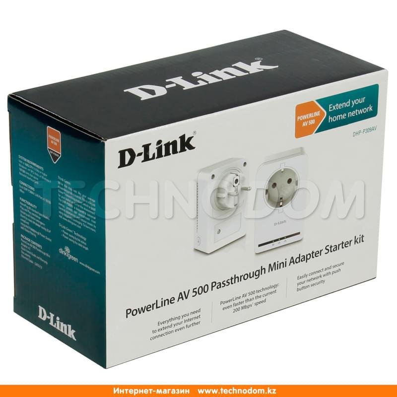 Комплект адаптеров с розеткой, D-Link Powerline AV500, 200 Mbps, (DHP-P309AV/C1A) - фото #1