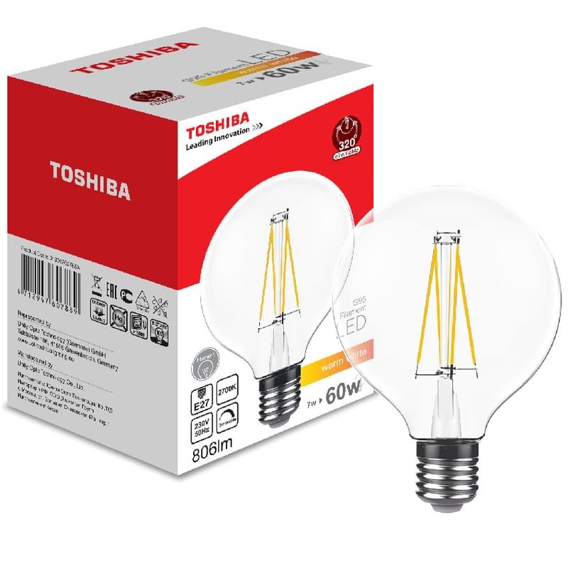 Филаментная лампа Toshiba G95 7W (60W) 2700K 806lm E27 Dim Тёплый - фото #0