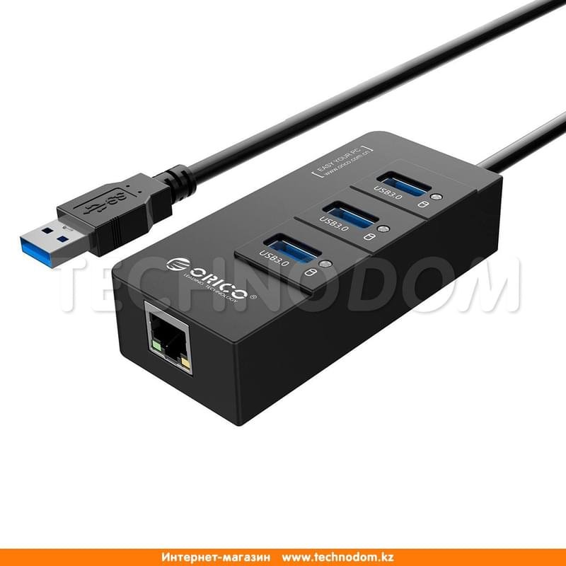 Концентратор USB, 3*USB 3.0 с конвертером Gigabit Ethernet, ORICO, Black (HR01-U3-V1-BK-PRO) - фото #1
