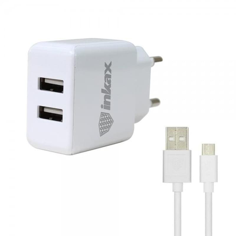 Сетевое зарядное устройство 2*USB, 2.1A + каб. microUSB, INKAX, Белый (CD-01-MICRO) - фото #0