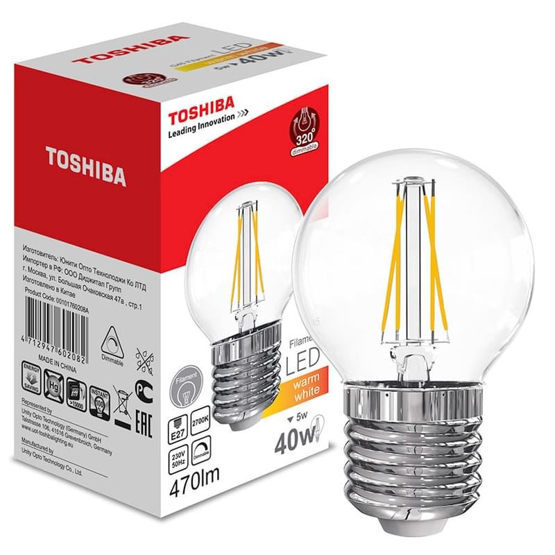 Филаментная лампа Toshiba G45 5W (40W) 2700K 470lm E27 Dim Тёплый - фото #0