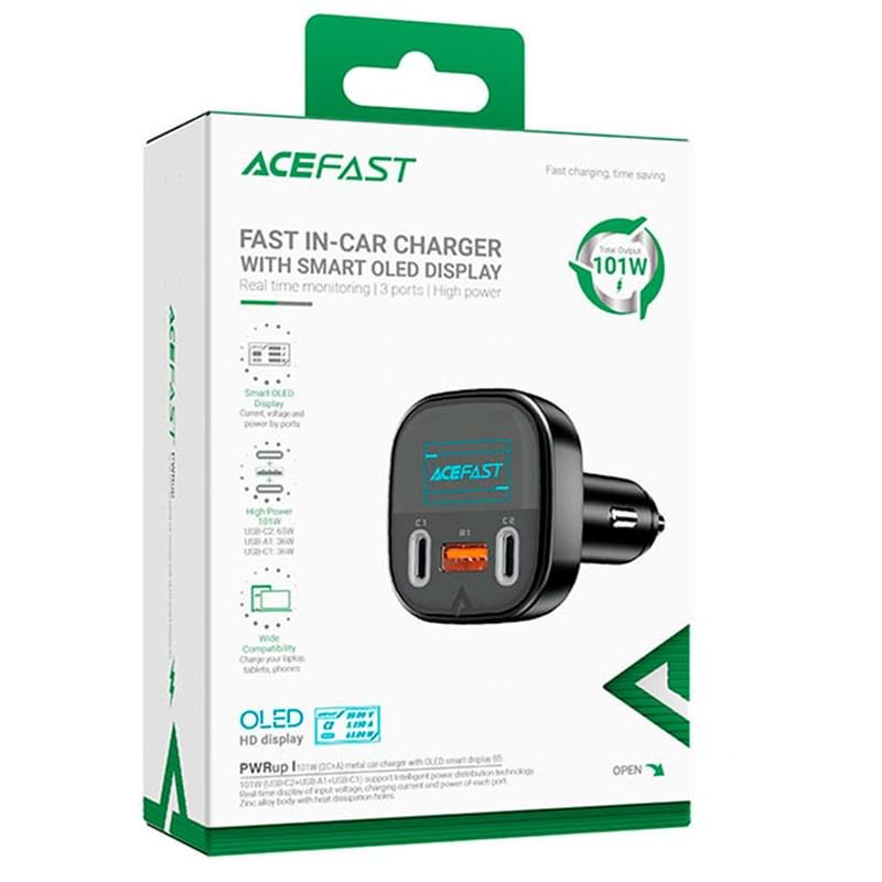 Автомобильное зарядное устройство ACEFAST, 2*USB C+A, 101W, OLED smart display, metal (B5 101W - ACE - фото #5