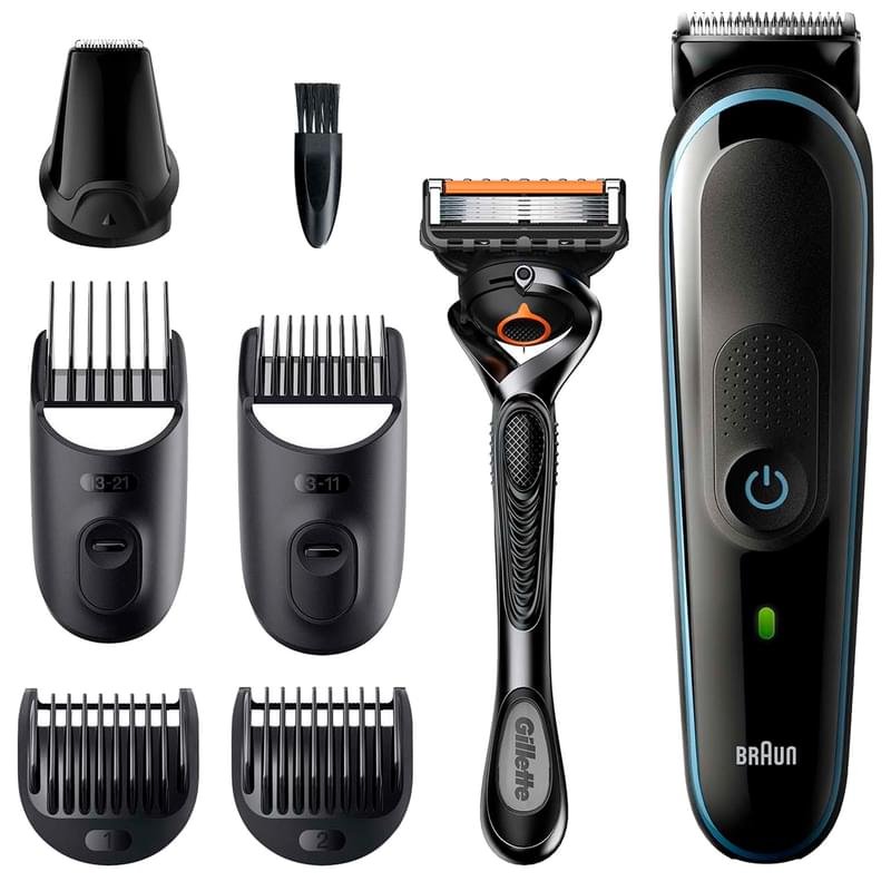 Триммер для бороды, усов и волос Braun MGK5345, 7 в 1, 5 насадок и бритва Gillette, сине-чёрный - фото #0