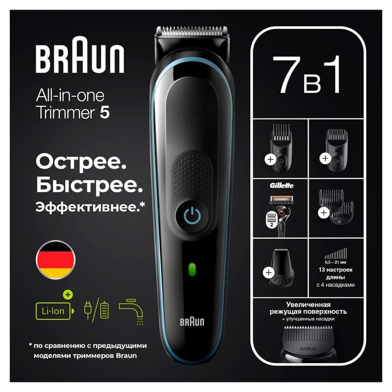 Триммер для бороды, усов и волос Braun MGK5345, 7 в 1, 5 насадок и бритва Gillette, сине-чёрный - фото #3