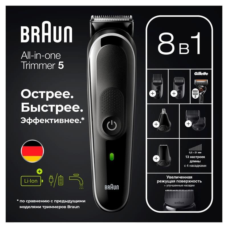 Триммер для бороды, усов и волос Braun MGK5360, 8 в 1, 6 насадок и бритва Gillette, серо-чёрный - фото #3