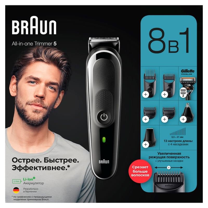 Триммер для бороды, усов и волос Braun MGK5360, 8 в 1, 6 насадок и бритва Gillette, серо-чёрный - фото #13